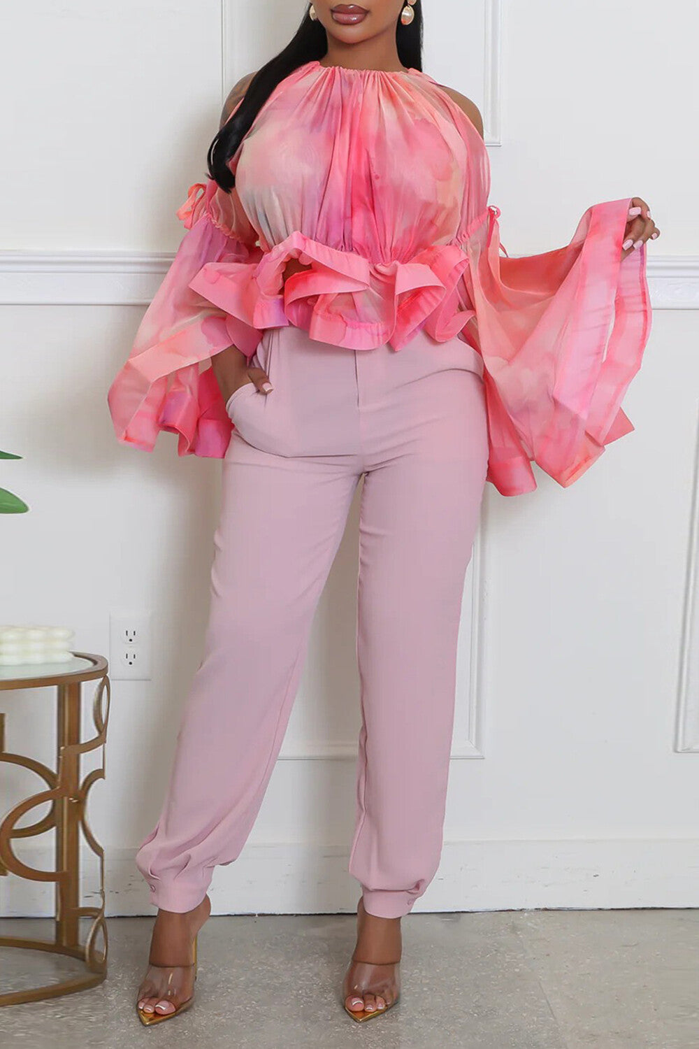 Cold Shoulder Round Neck Bell Sleeve Cinch Waist Ruffled Top-Pink