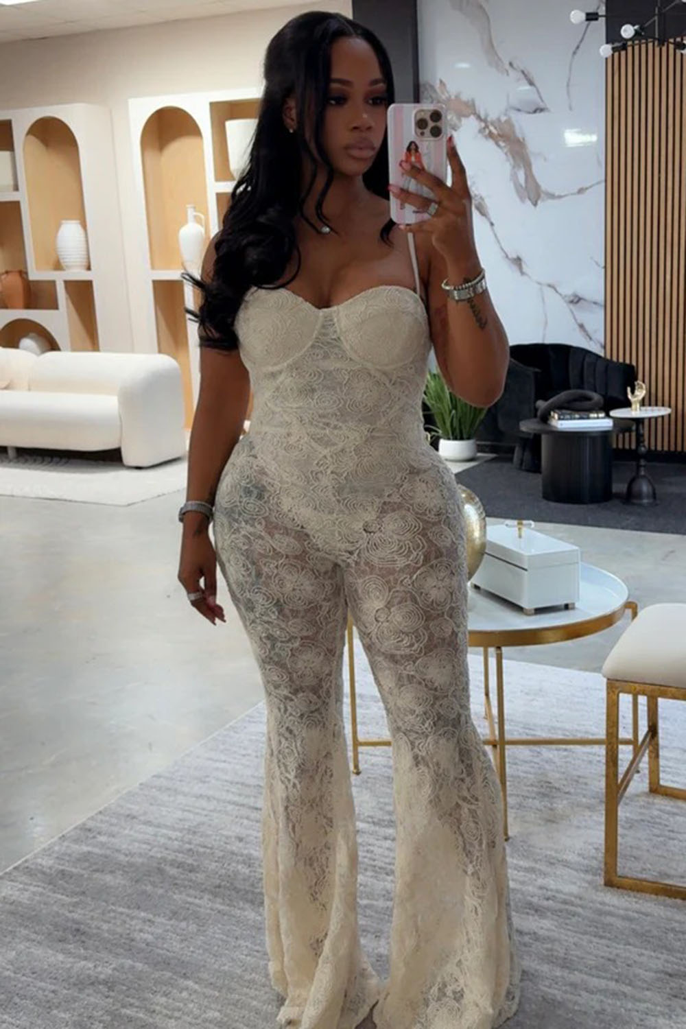 Guipure Lace Patchwork Party Cami Flare Leg Jumpsuit-Black [Pre Order]