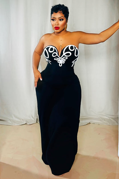 Line Printed Strapless Pinch Waist Party Wide Leg Jumpsuit-Red