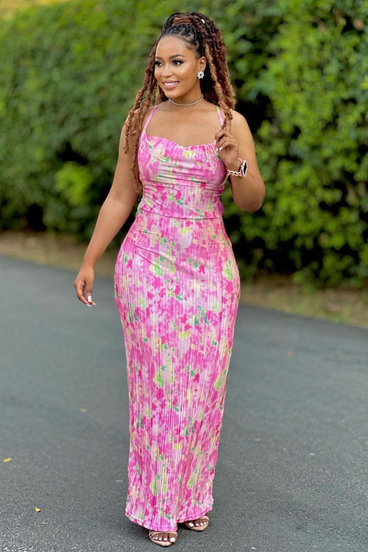 Floral Print Bodycon Vacation Slip Maxi Dresses-Pink