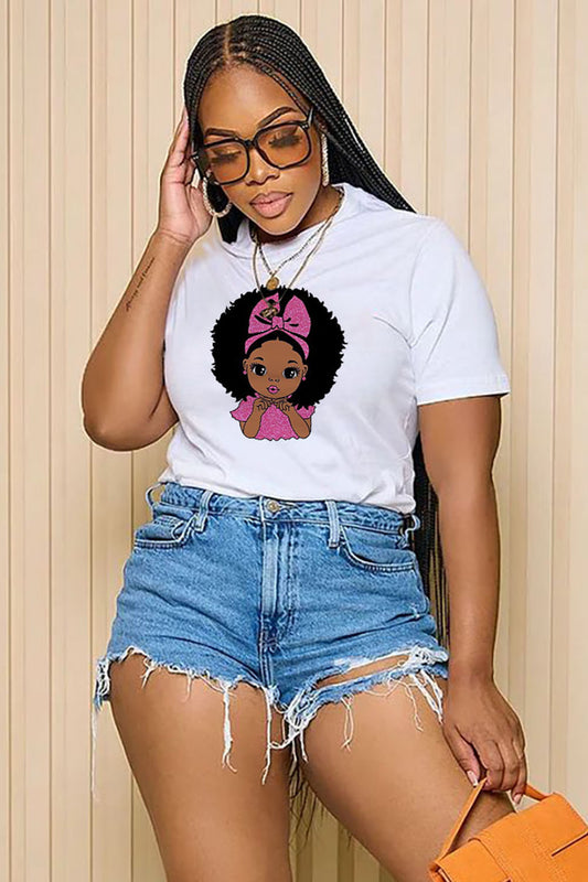 LORAGAL Ribbon Black Girl Print Short Sleeve Casual T-Shirt-White