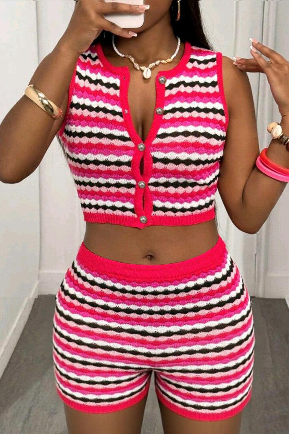 Striped Knit Button Up Crop Tank Top Slim Fit Shorts 2pcs Set-Orange