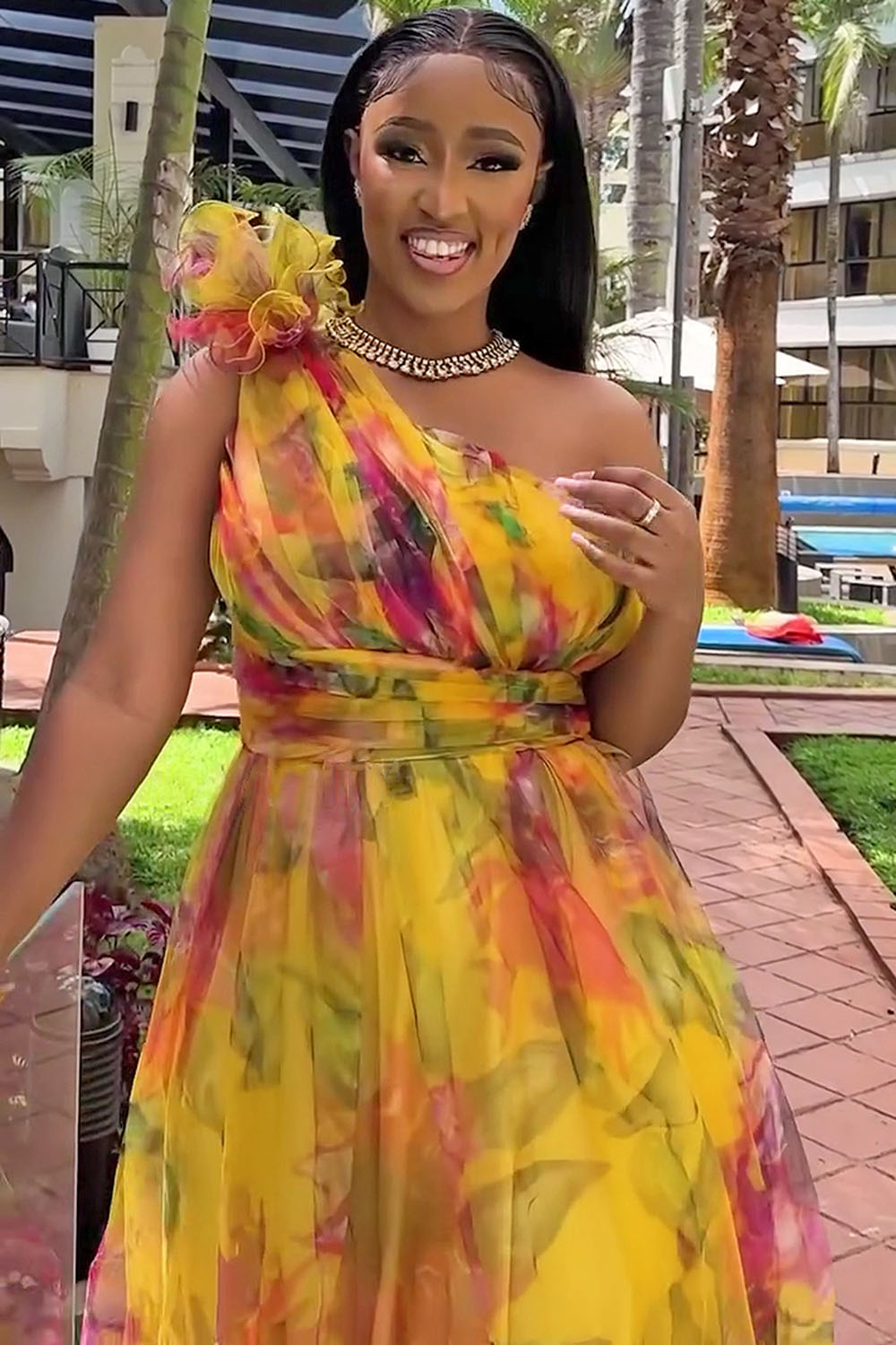 One Shoulder Rosette Floral Print Mesh Party Maxi Dresses-Fuchsia [Pre Order]