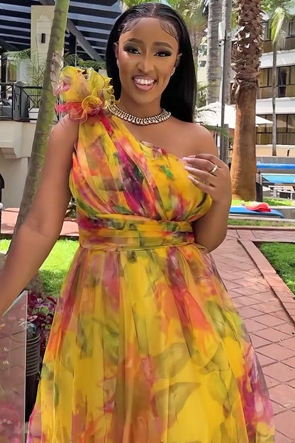 One Shoulder Rosette Floral Print Mesh Party Maxi Dresses-Fuchsia [Pre Order]