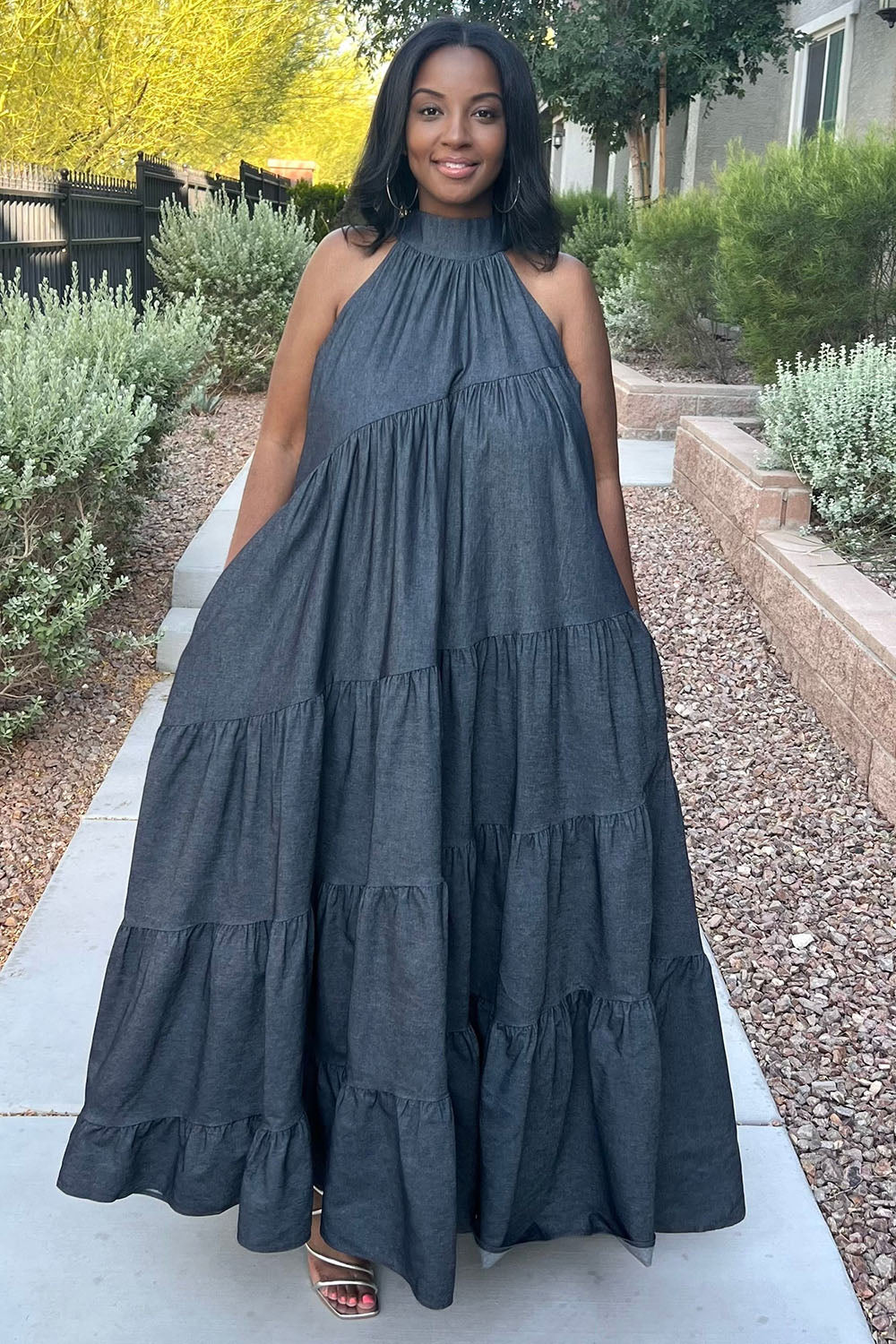 Halter Neck Ribbon Tiered Loose-Fit Denim Maxi Dresses-Blue [Pre Order]