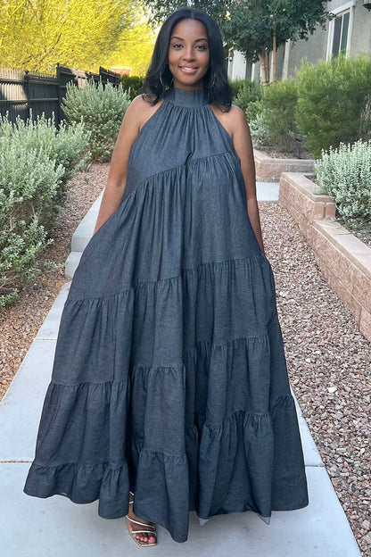 Halter Neck Ribbon Tiered Loose-Fit Denim Maxi Dresses-Blue [Pre Order]