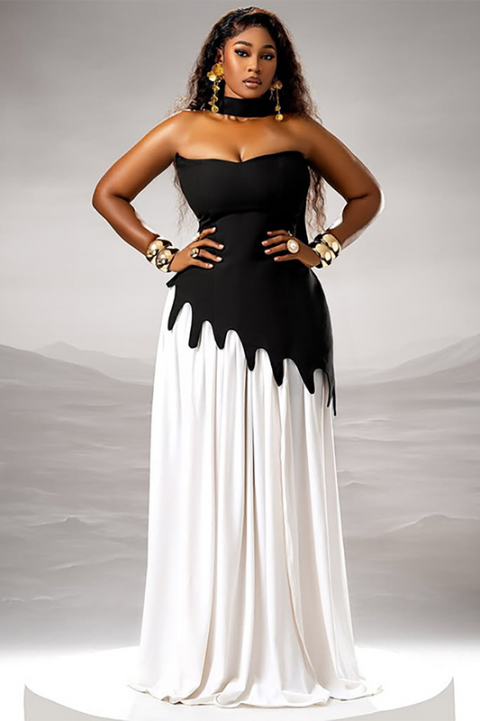 Strapless Cinch Waist Colorblock Patchwork Asymmetrical Maxi Dresses-Black