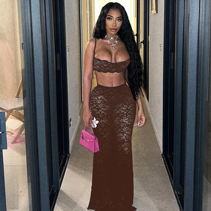 Sexy Cutout Sling Top Solid Color High Waist Skirt Lace Two Piece Suit