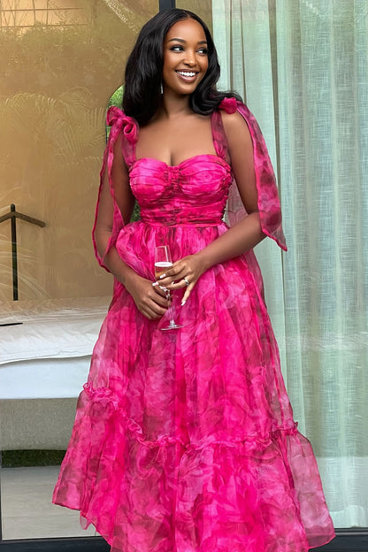 Ribbon Sleeveless Print Mesh Layer Vacation Maxi Dresses-Fuchsia [Pre Order]