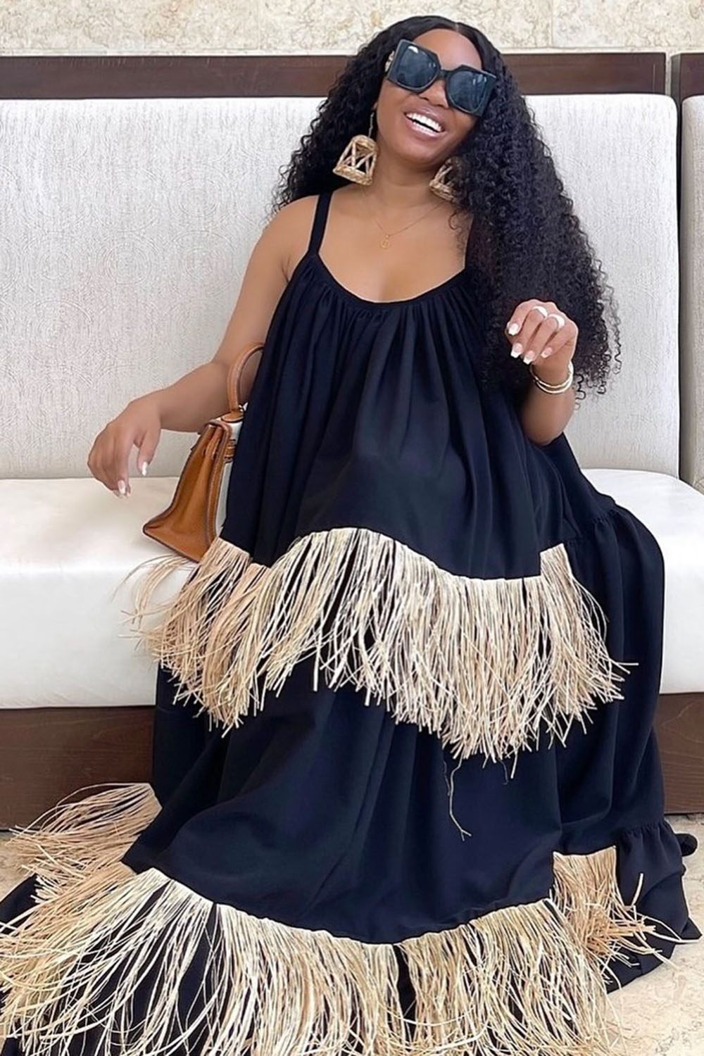 Tiered Fringe Loose-Fit Vacation Cami Maxi Tent Dresses-Black [Pre Order]