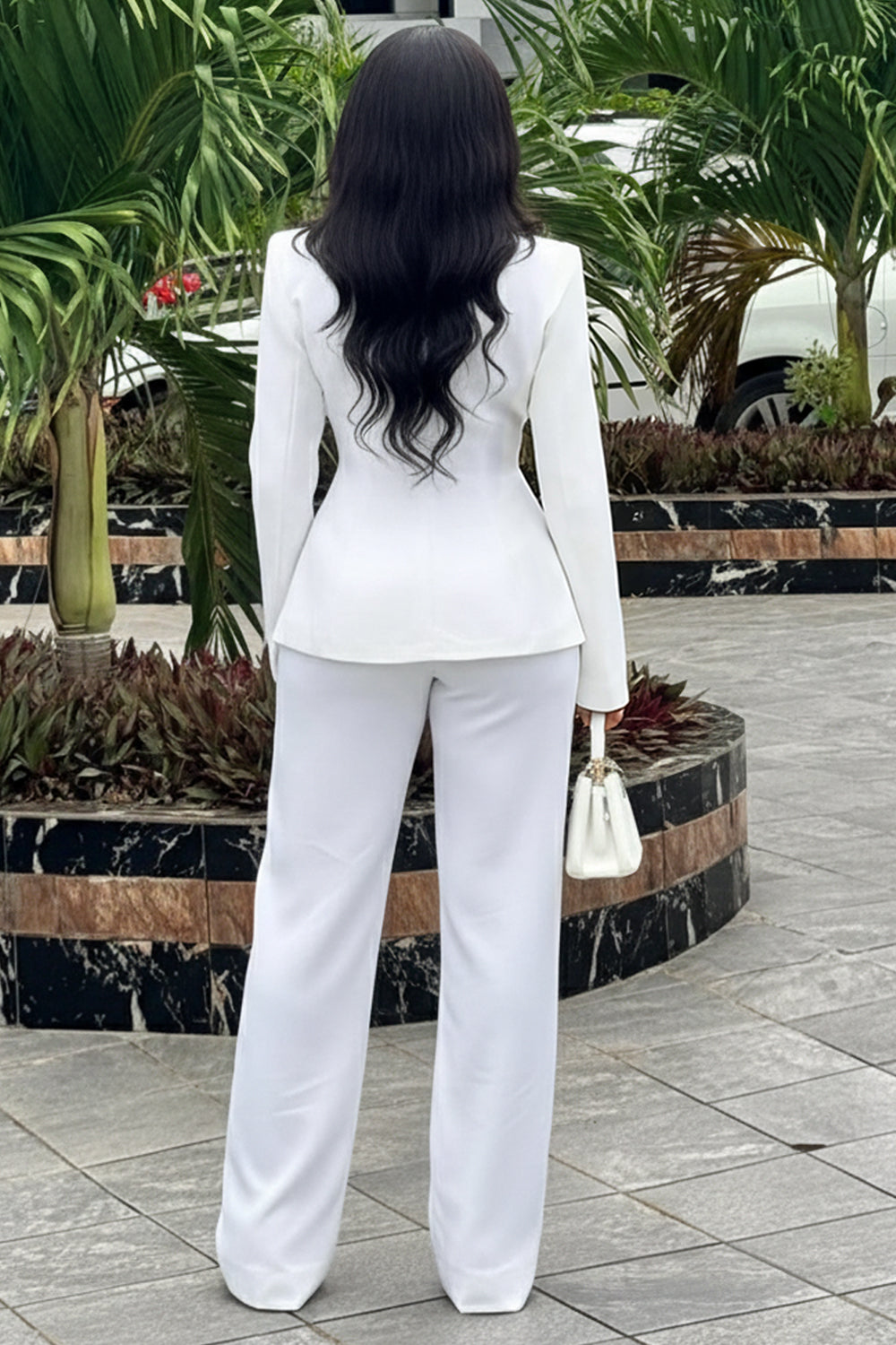 Irregular Neckline Colorblock Blazer Straight Leg Pants Set-White [Pre Order]