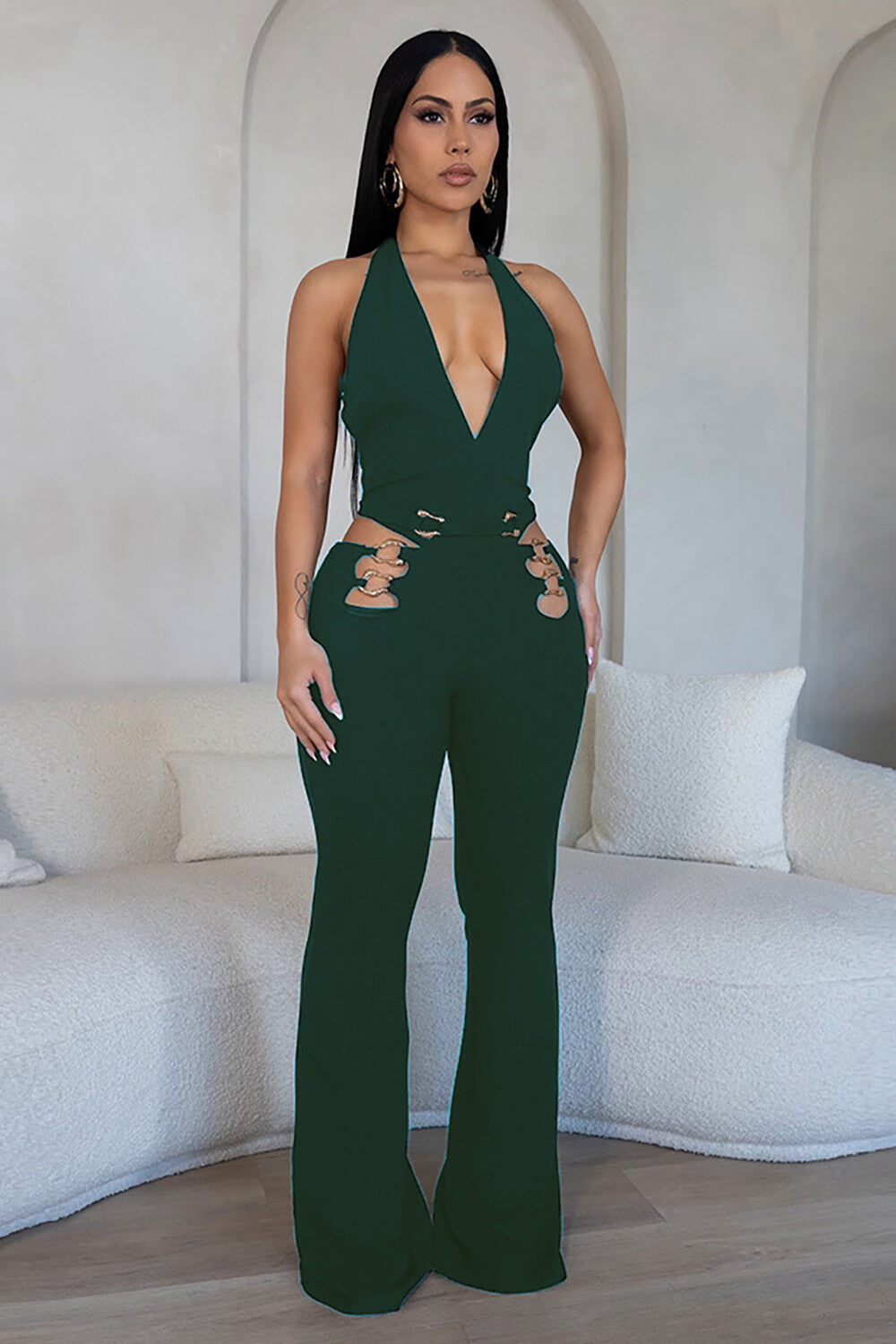 Deep V Neck Cutout Metal Rings Patchwork Flared Leg Halter Jumpsuit-Black