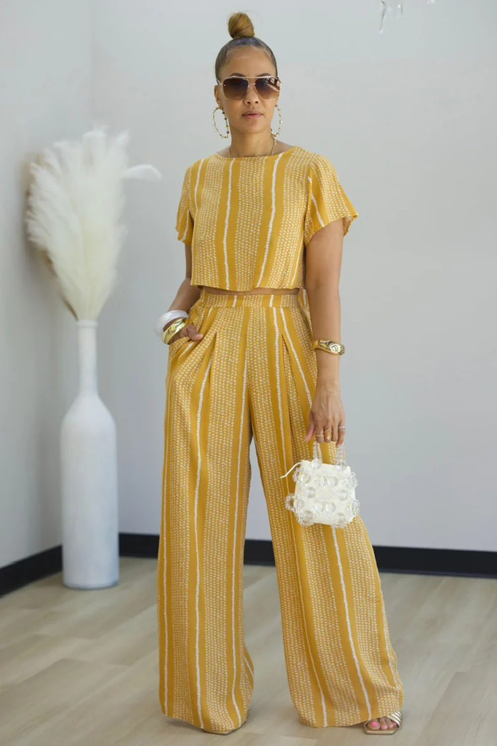 Stripe Print T-Shirt High-Rise Wide Leg Pants 2pcs Set-White [Pre Order]