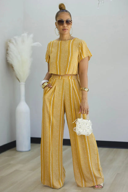 Stripe Print T-Shirt High-Rise Wide Leg Pants 2pcs Set-White [Pre Order]