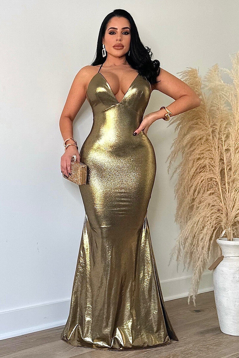 Deep V Neck Metallic Finish Fishtail Hem Backless Party Slip Maxi Dresses-Gold