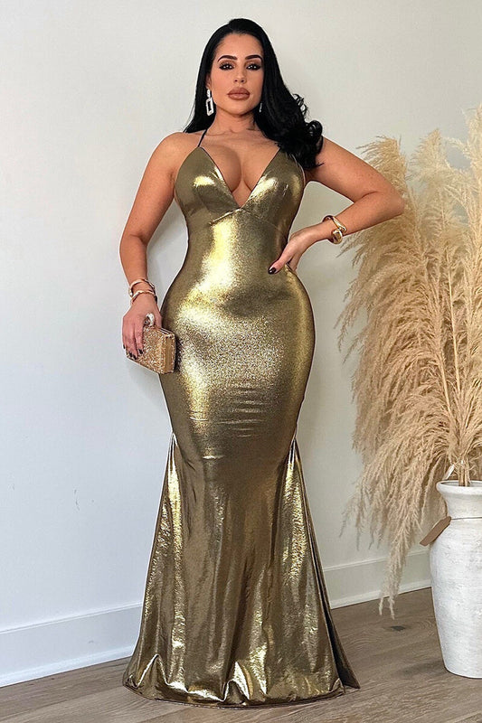 Deep V Neck Metallic Finish Fishtail Hem Backless Party Slip Maxi Dresses-Gold