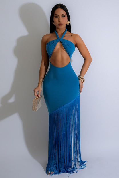 Halter Cutout Asymmetric Fringe Hem Party Maxi Dresses-Blue [Pre Order]