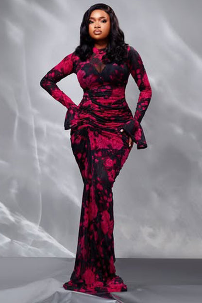 Floral Print Mesh Flare Sleeve Party Fishtail Maxi Dresses-Red [Pre Order]