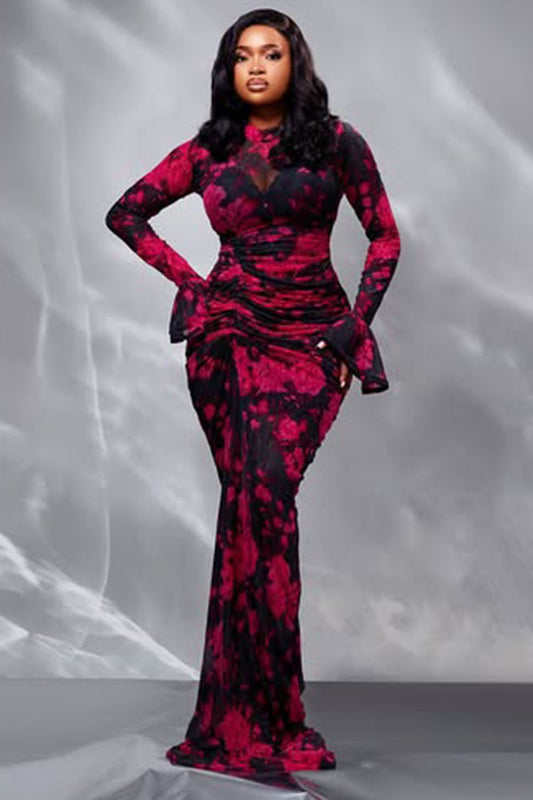 Floral Print Mesh Flare Sleeve Party Fishtail Maxi Dresses-Red [Pre Order]