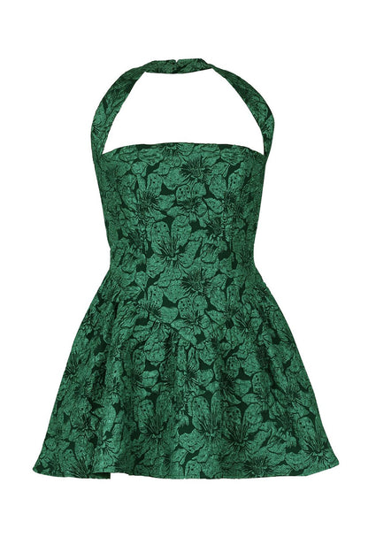 Floral Pattern Cinch Waist Halter Neck Mini Dresses