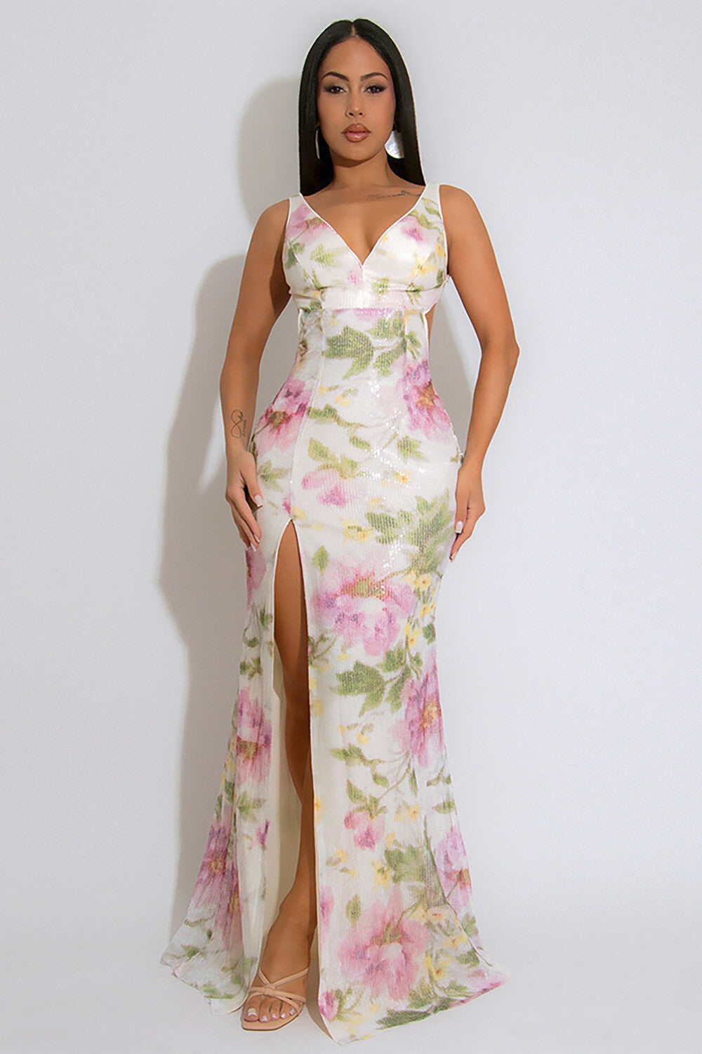 Sequin Floral Pattern V Neck Backless Slit Sleeveless Maxi Dresses-White