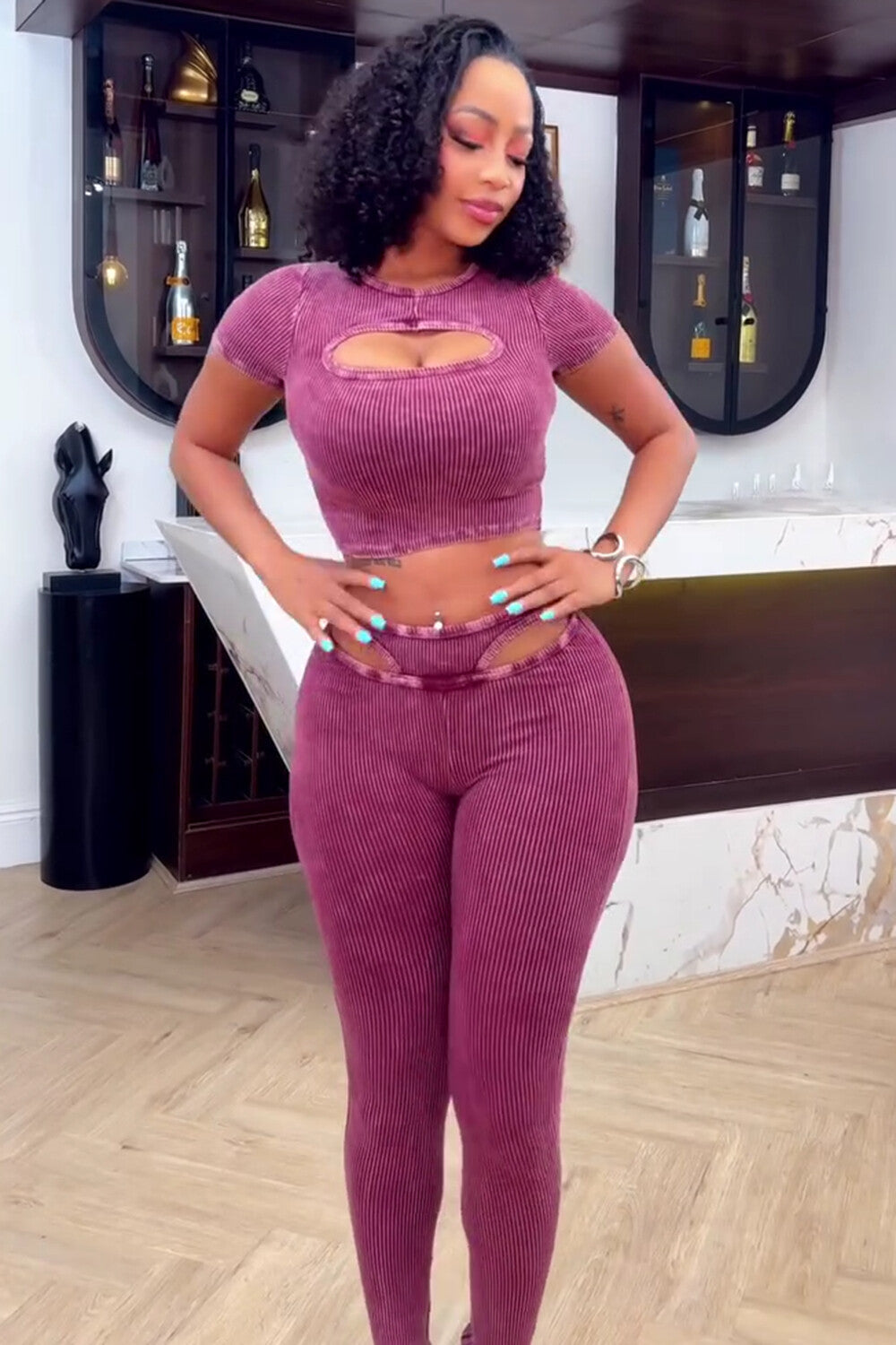 Slim-Fit Crop Top Cutout Leggings Pit Stripe 2pcs Set-Violet [Pre Order]
