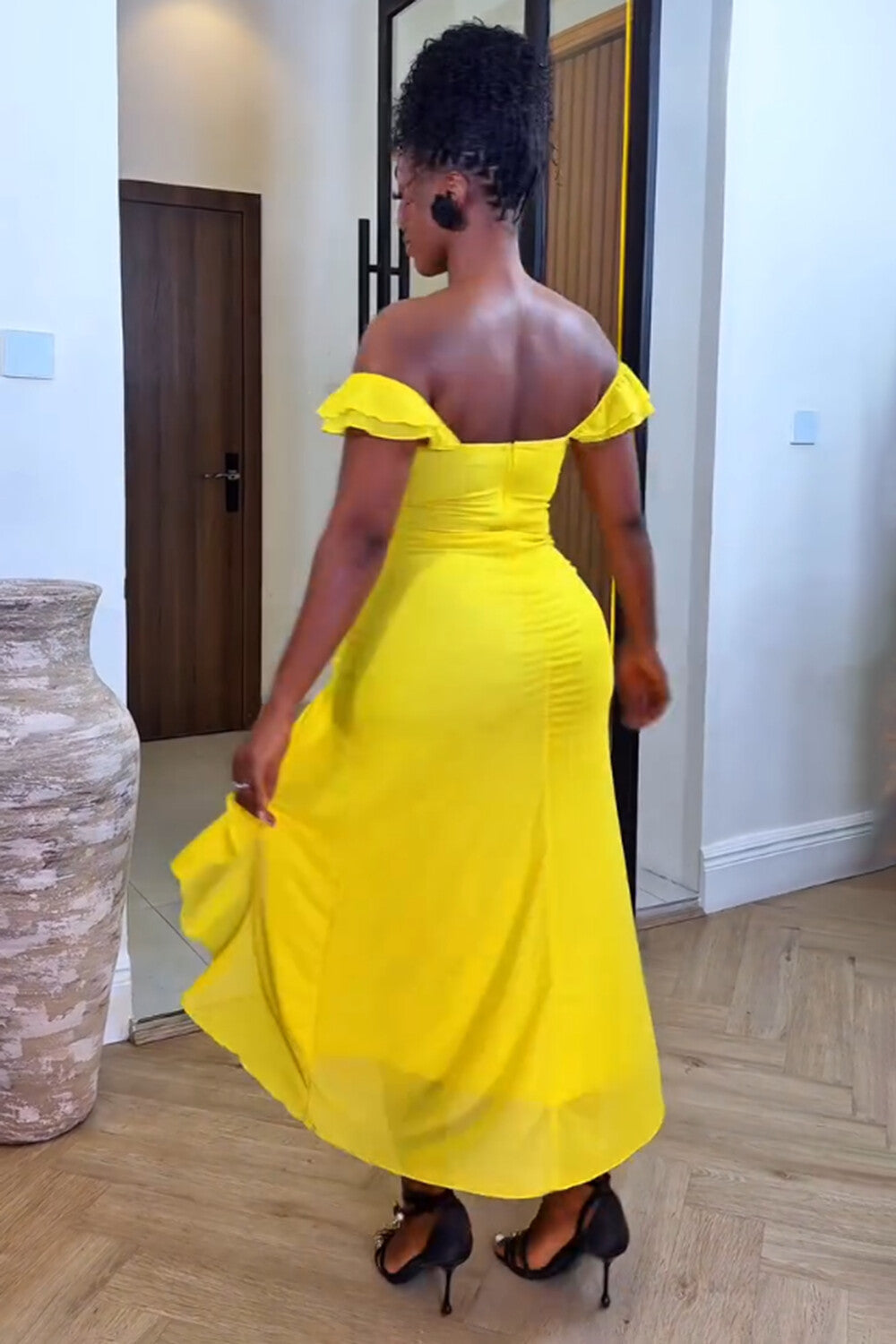 Flutter Sleeve Cutout Ruffle Slit Vacation Midi Dresses-Yellow [Pre Order]