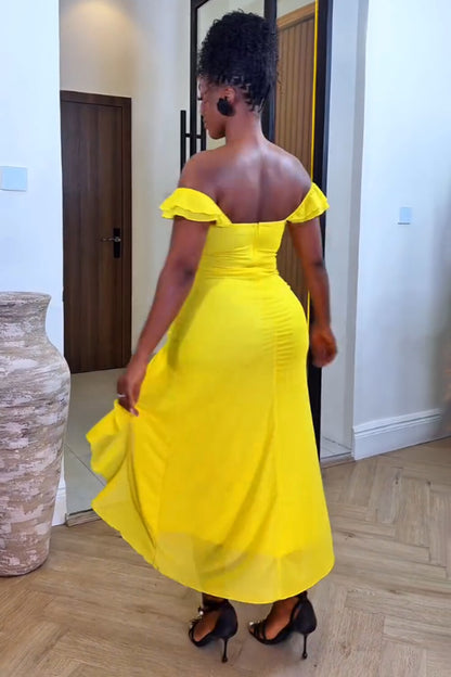 Flutter Sleeve Cutout Ruffle Slit Vacation Midi Dresses-Yellow [Pre Order]