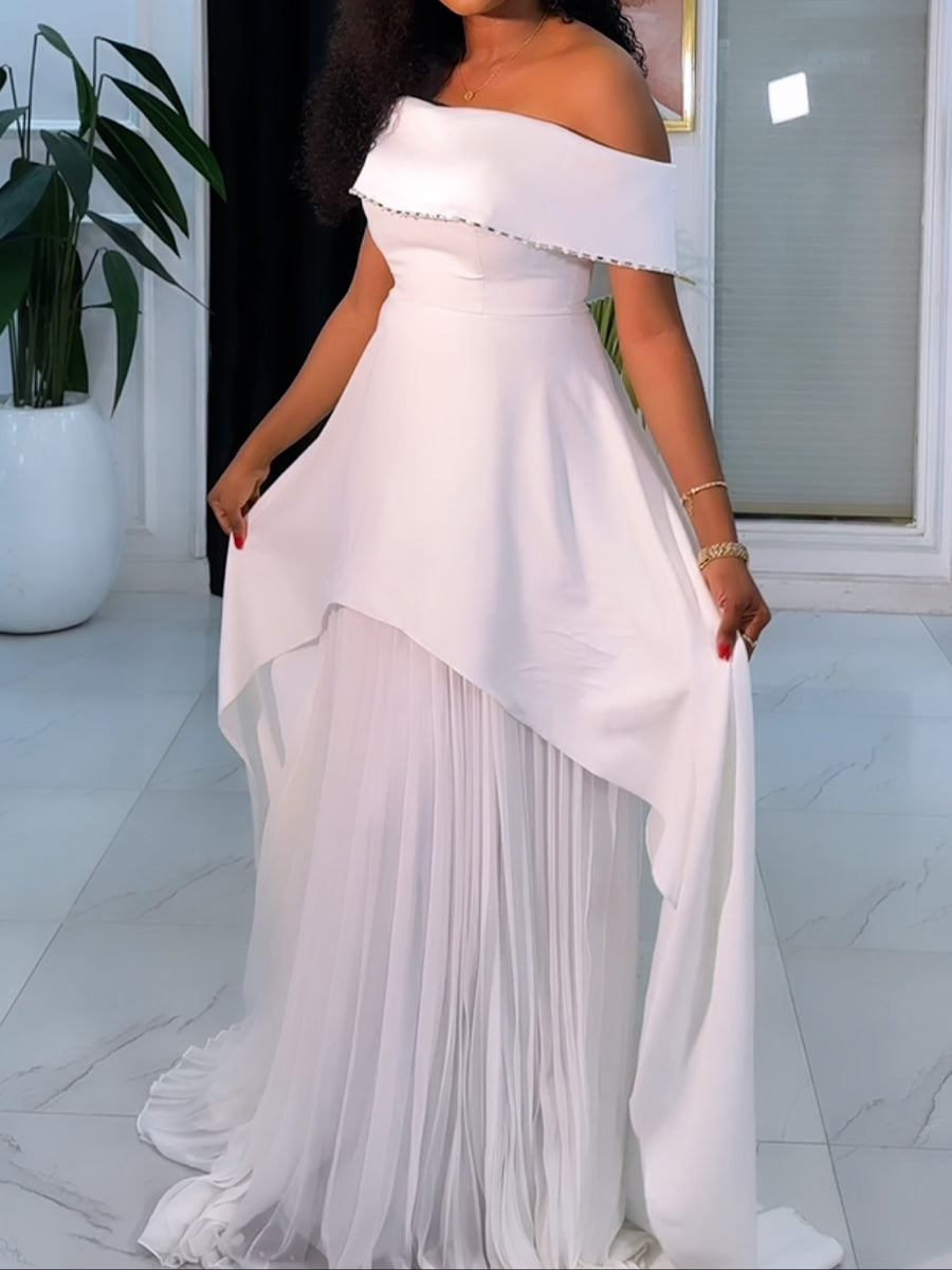 Off Shoulder Rhinestone Sparkle Pleated Party Dress