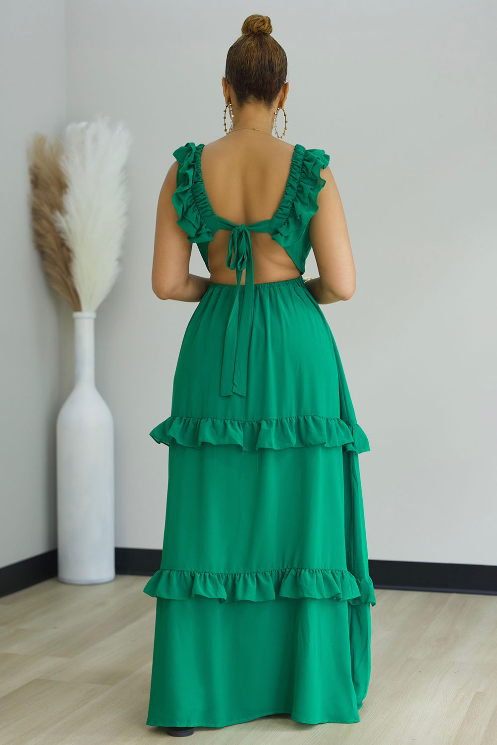 Open Back V Neck Ruffle Tiered Hem Party Maxi Dresses-Green [Pre Order]