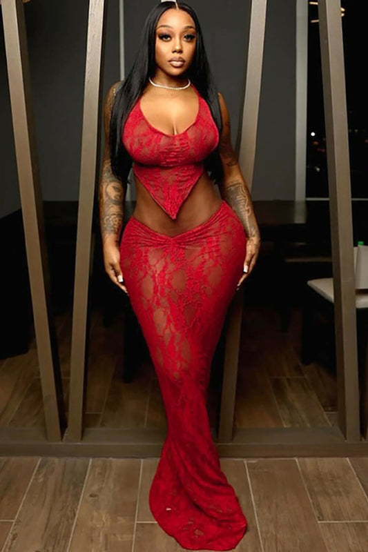 Lace Halter Neck Backless Irregular Crop Top Bodycon Maxi Skirt 2pcs Set-Red