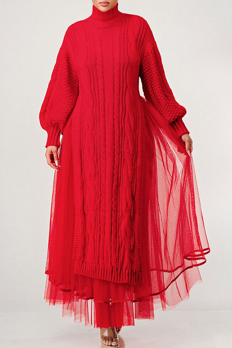 Weave Pattern Knit Lantern Sleeve Slit Maxi Dresses Tulle Maxi Skirt Matching Set