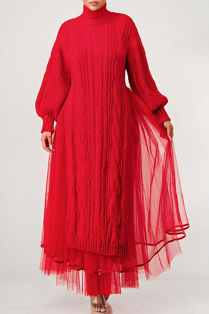 Weave Pattern Knit Lantern Sleeve Slit Maxi Dresses Tulle Maxi Skirt Matching Set