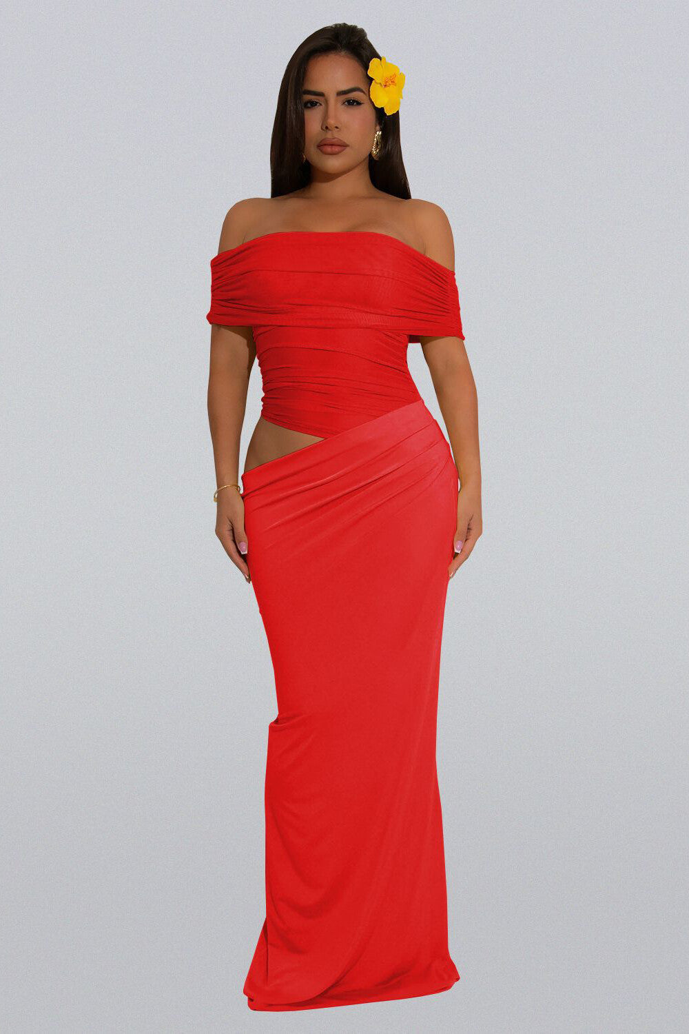 Off Shoulder Ruched Mesh Patchwork Cutout Slim Fit Plain Maxi Dresses-Yellow