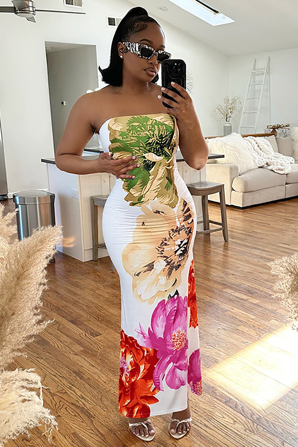 Floral Print Bodycon Maxi Tube Dresses-White