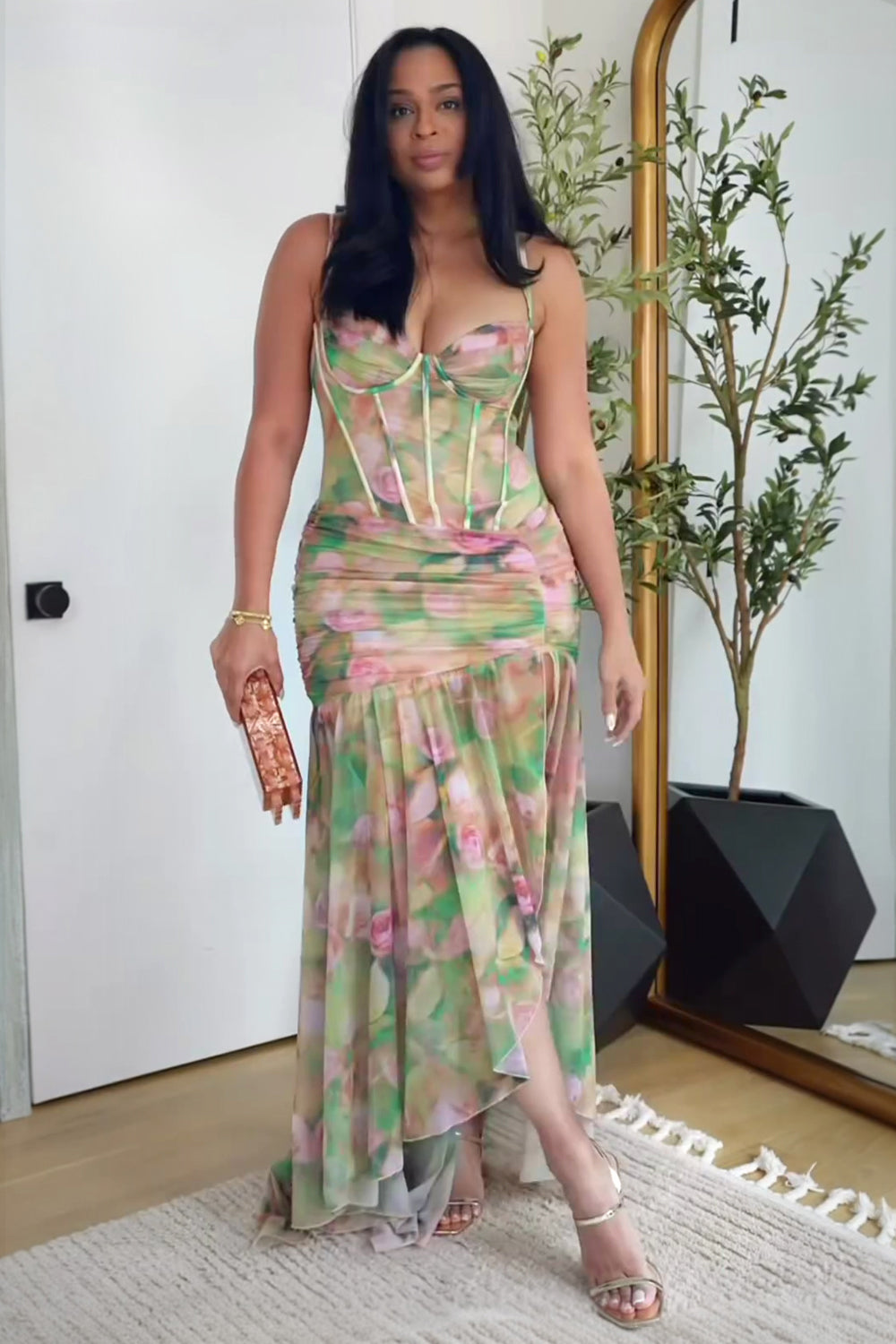 Floral Print Corset Ruched Slit Party Cami Maxi Dresses-Green [Pre Order]