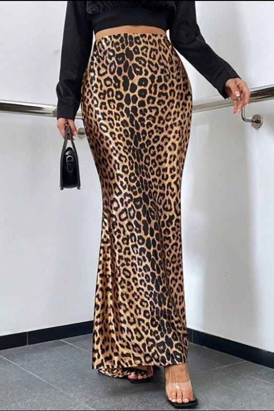 Leopard Print High Waist Fishtail Maxi Skirt-Brown