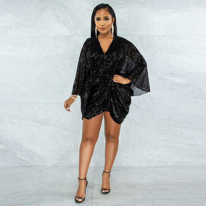 Sequin Bat Sleeves Wrap Backless Birthday Prom Mini Dresses