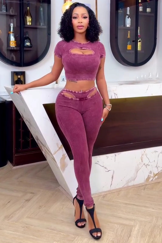 Slim-Fit Crop Top Cutout Leggings Pit Stripe 2pcs Set-Violet [Pre Order]