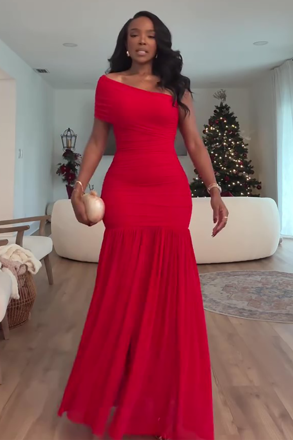 Short Sleeve Skew Neck Slit Hem Christmas Party Maxi Dresses-Red [Pre Order]