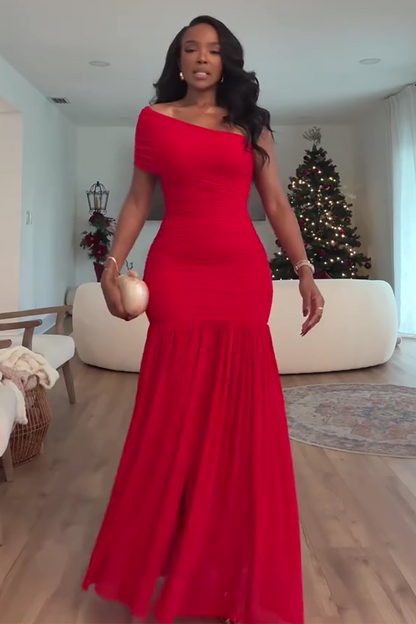 Short Sleeve Skew Neck Slit Hem Christmas Party Maxi Dresses-Red [Pre Order]