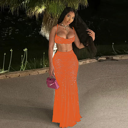 Sexy Cutout Sling Top Solid Color High Waist Skirt Lace Two Piece Suit