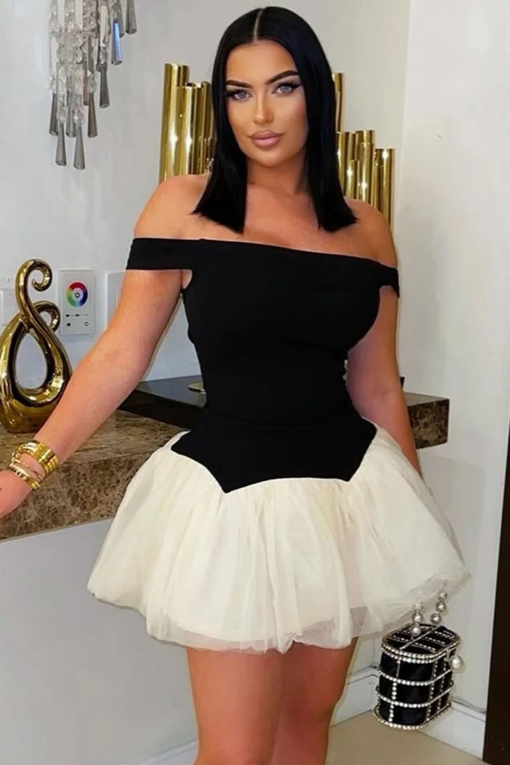 Off Shoulder Colorblock Patchwork Party Tulle Mini Dresses-Black [Pre Order]