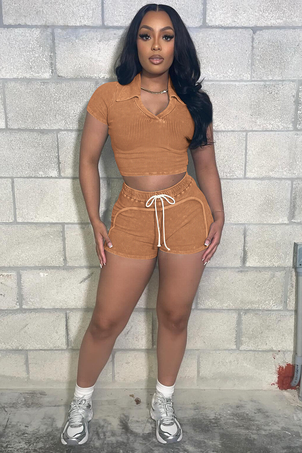 Pleated Solid Color Knit Short Sleeve Crop Top Tie Up Shorts 2pcs Set-Khaki