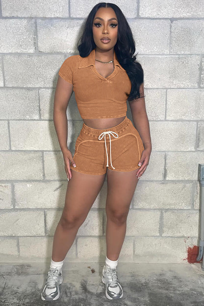 Pleated Solid Color Knit Short Sleeve Crop Top Tie Up Shorts 2pcs Set-Khaki