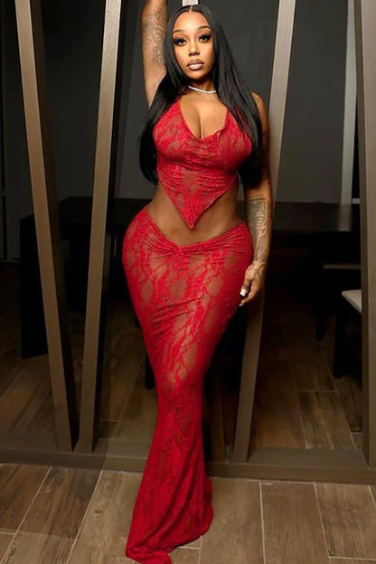 Lace Halter Neck Backless Irregular Crop Top Bodycon Maxi Skirt 2pcs Set-Red