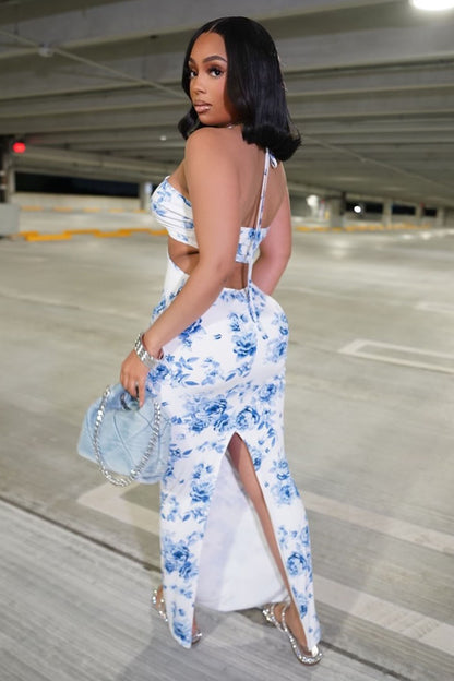 Floral Print Halter Cutout Slim-Fit Vacation Maxi Dresses-White [Pre Order]