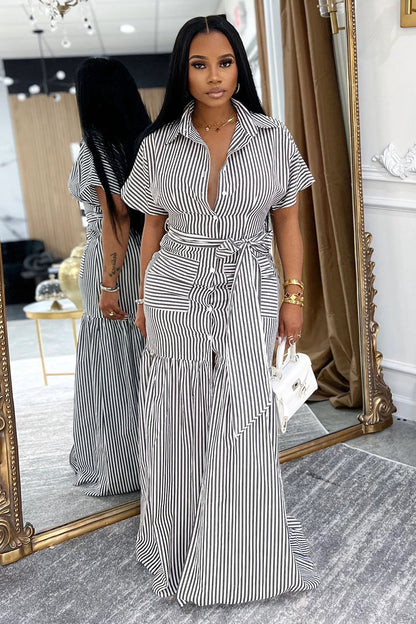 Pinstripe Short Sleeve Quilted Vacation Maxi Shirt Dresses-Black [Pre Order]