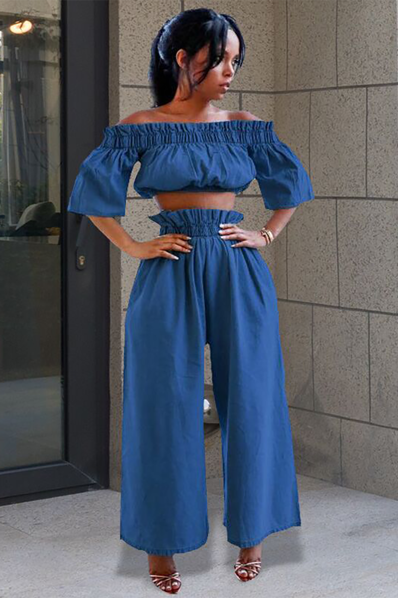 Denim Off Shoulder Half Sleeve Crop Top Elastic Waist Wide Leg Pants Matching Set-Light Blue