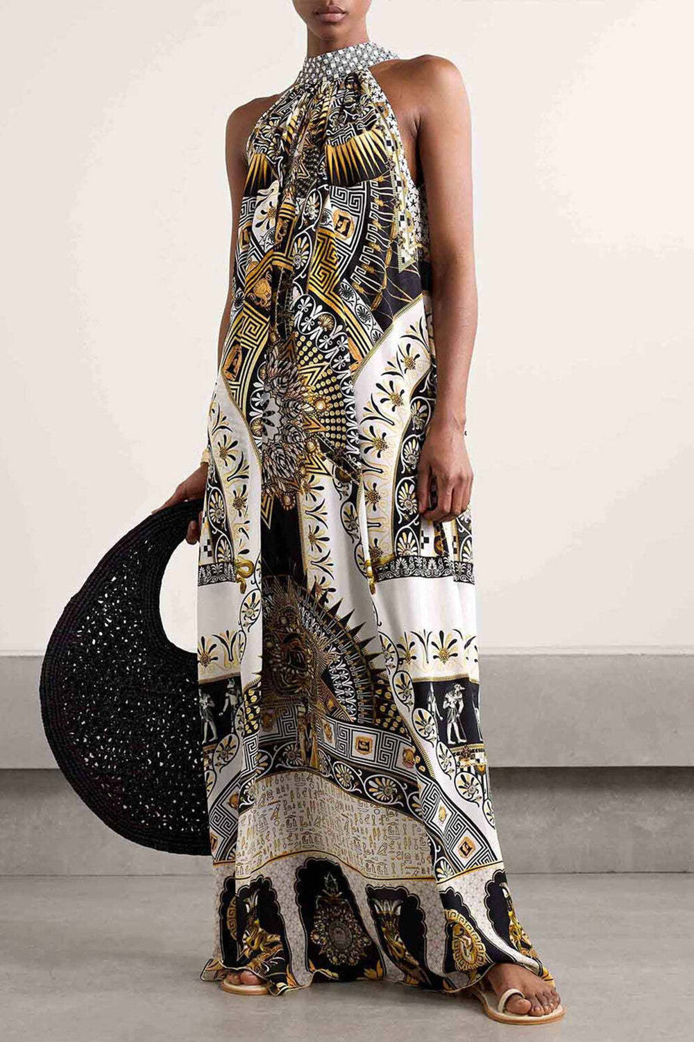 Tribal Print High Neck Halter Sleeveless Vacation Maxi Dresses-White